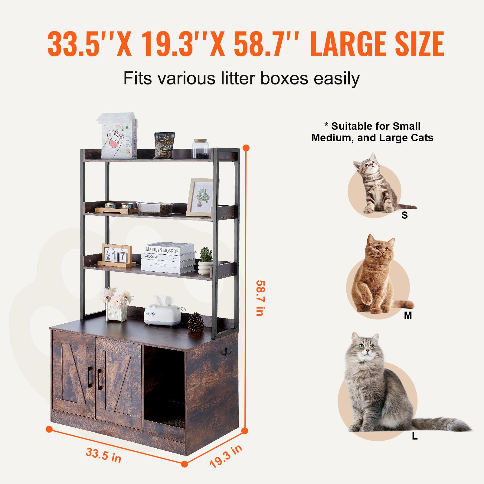 VEVOR Cat Litter Box Enclosure, Hidden Litter Box Furniture with 3 Storage Shelves, Wooden Cat Washroom Indoor, Large Cat House